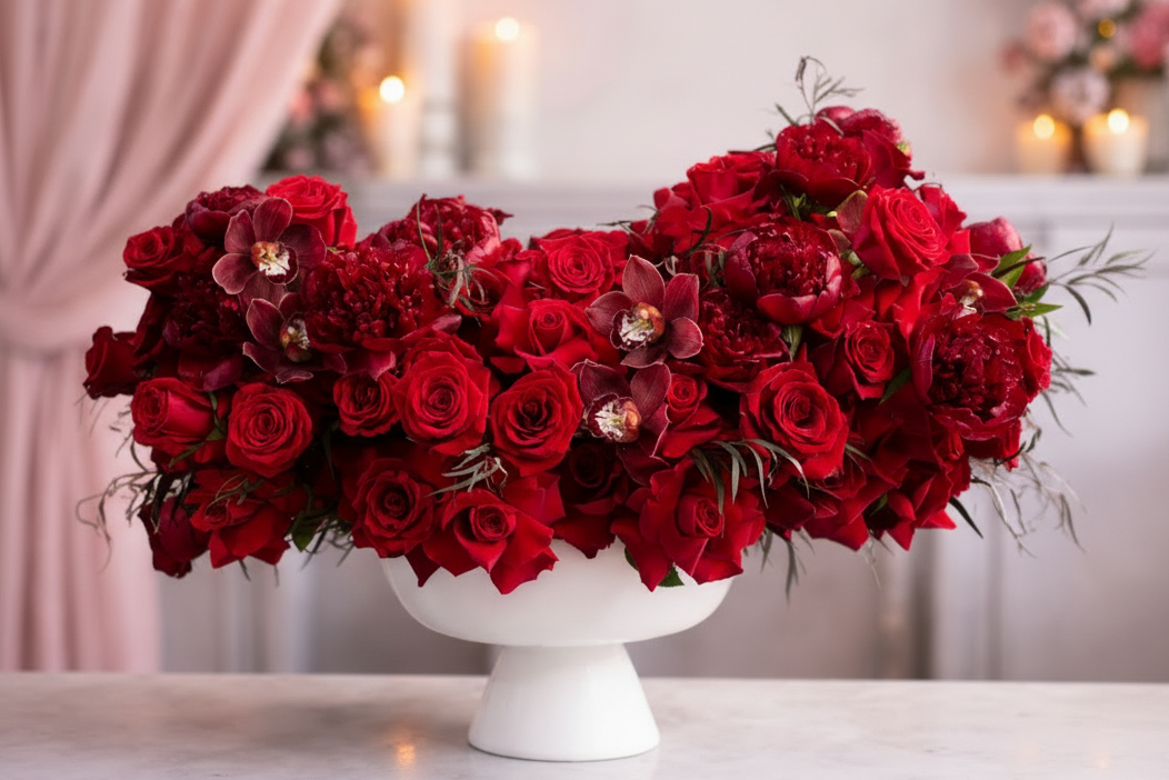 Bouquet of red flowers in a white vase on a table with a blurred background