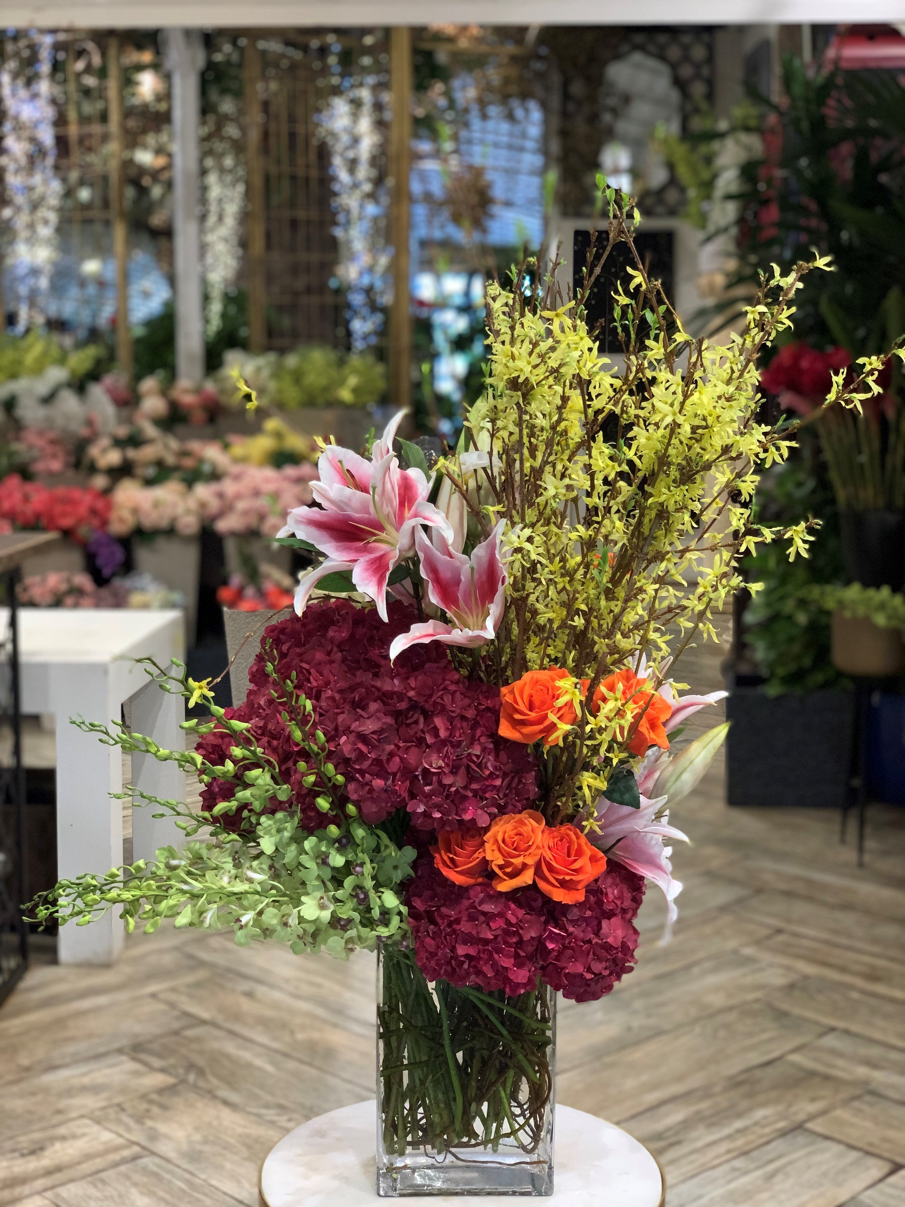 Purple Hydrangea Roses Lillie Plants N Petals Floral Arrangement purple-hydrangea-roses-lillie-plants-n-petals-floral-arrangement